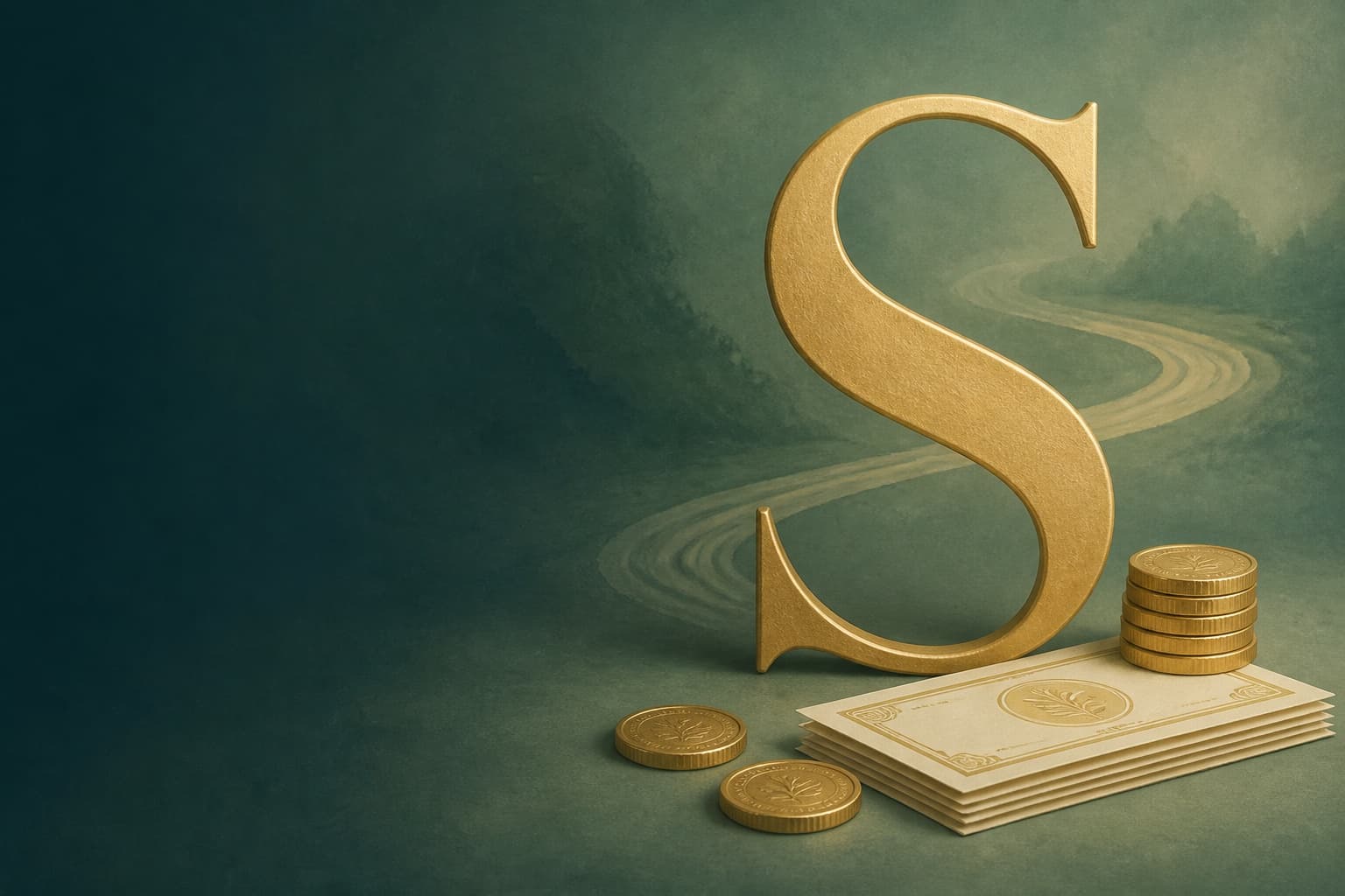 Gold letter S with coins and bills